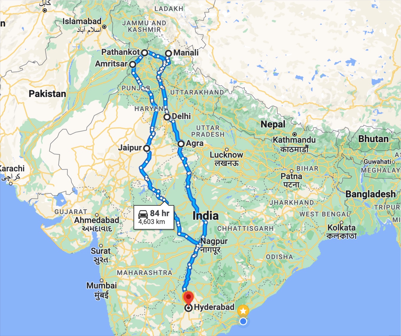 Hyderabad to Manali Road Trip by car Route Map Plan, Itinerary Andhra Pradesh
